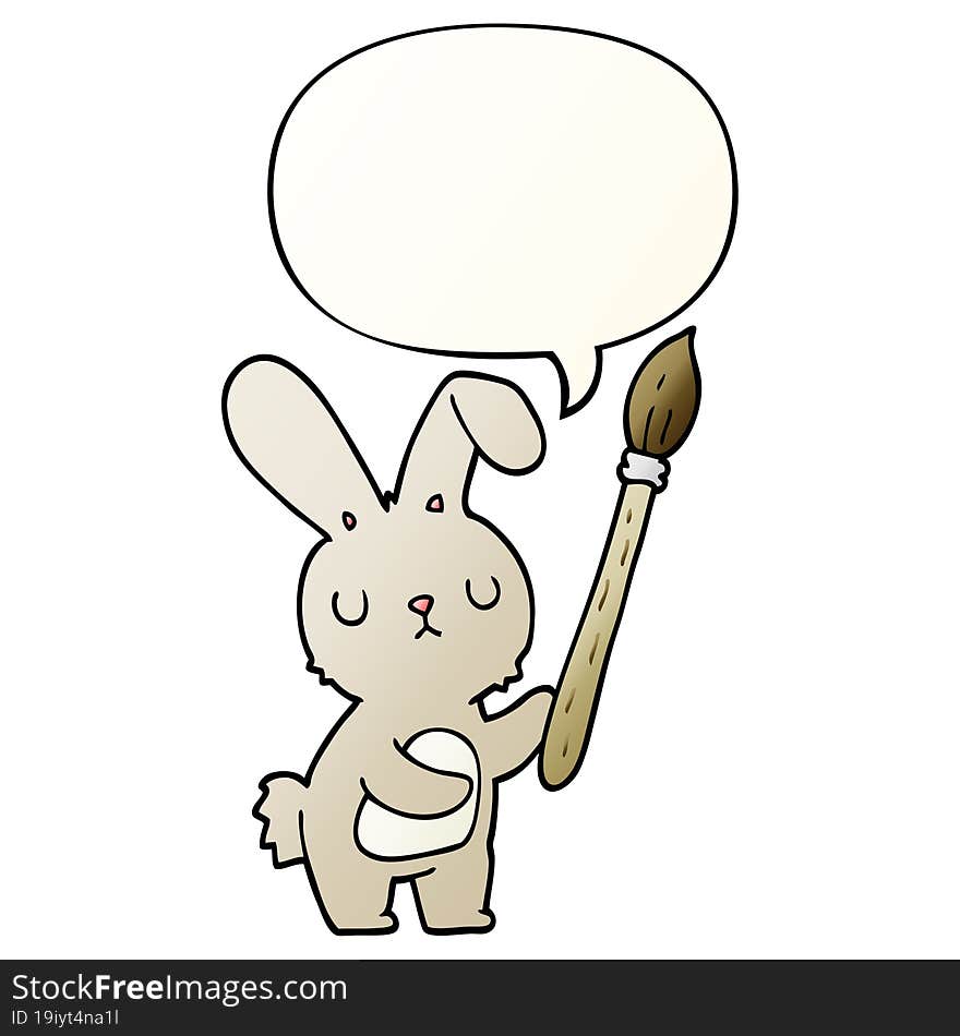 cartoon rabbit and paint brush and speech bubble in smooth gradient style