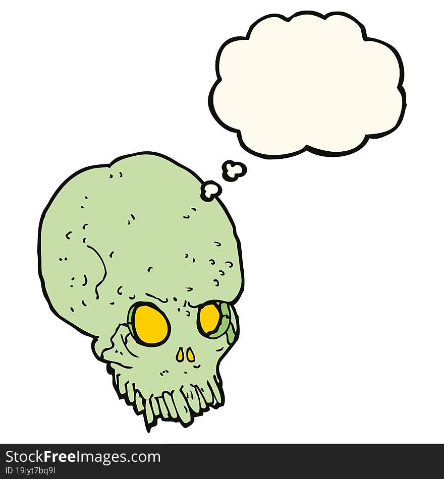 cartoon spooky skull with thought bubble