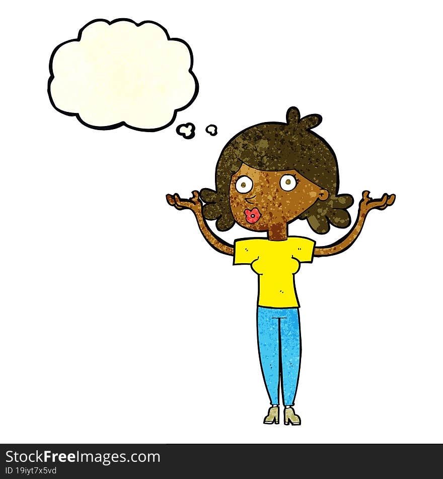 Cartoon Woman Throwing Arms In Air With Thought Bubble