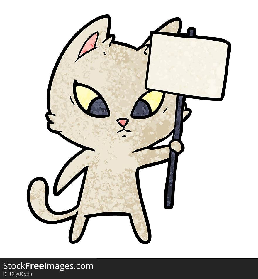 confused cartoon cat with protest sign. confused cartoon cat with protest sign