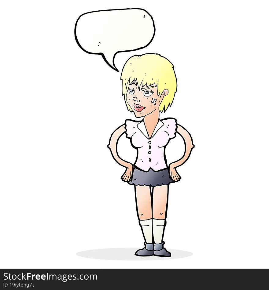 cartoon tough woman with hands on hips with speech bubble