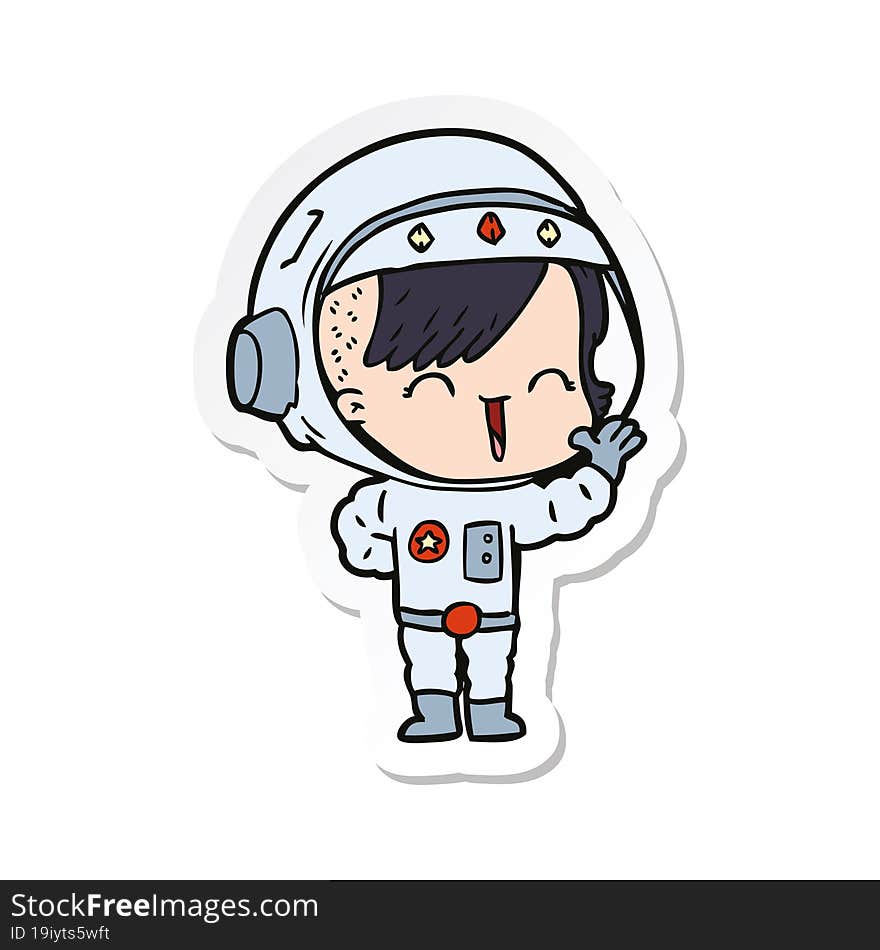 sticker of a cartoon happy astronaut girl waving