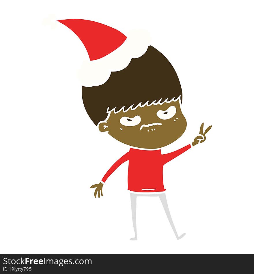 annoyed flat color illustration of a boy wearing santa hat