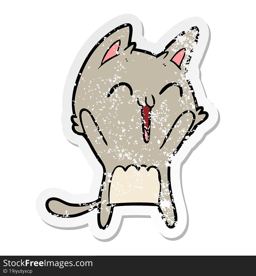 distressed sticker of a happy cartoon cat meowing