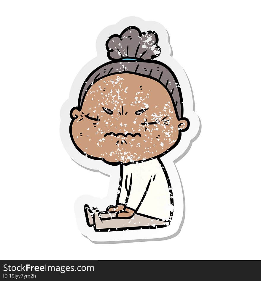 Distressed Sticker Of A Cartoon Annoyed Old Lady