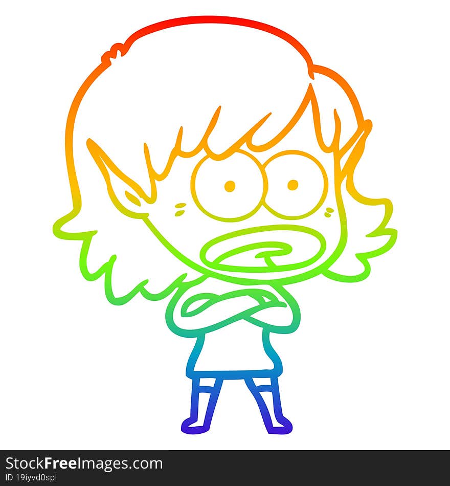 Rainbow Gradient Line Drawing Cartoon Shocked Elf Girl