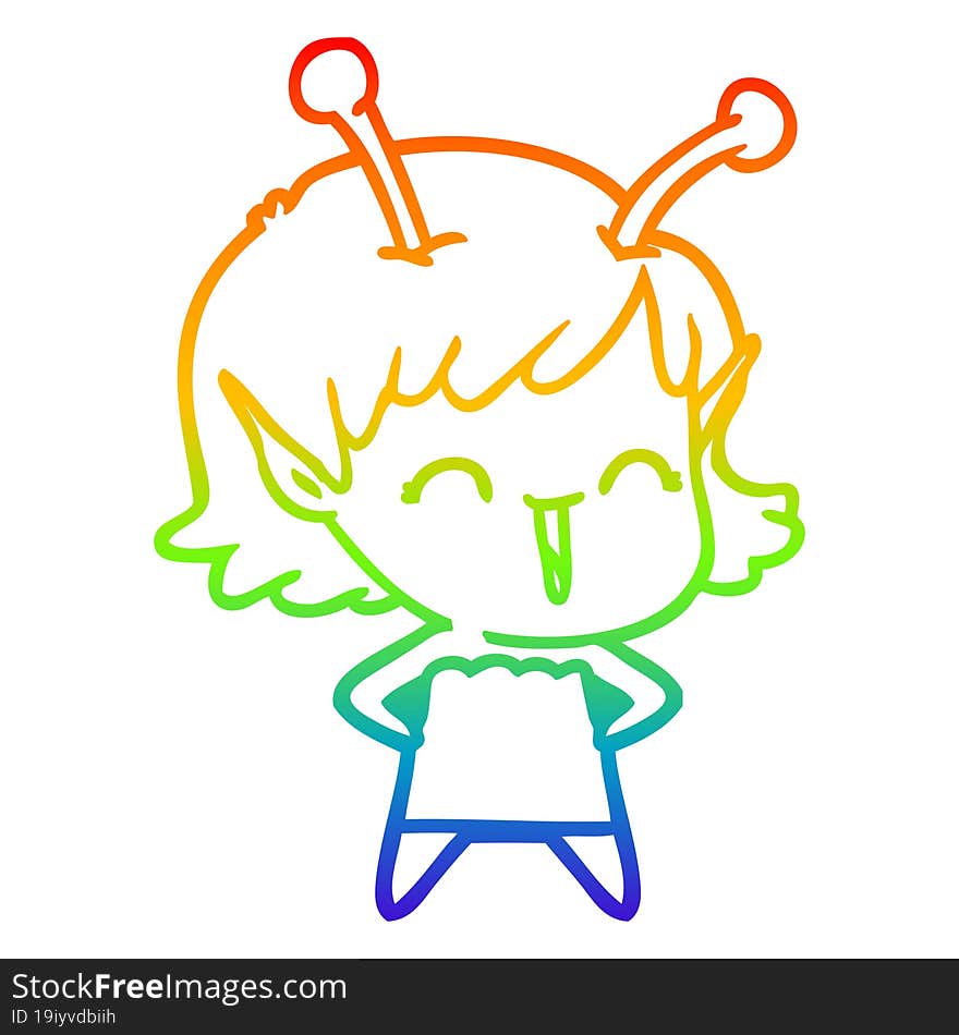 Rainbow Gradient Line Drawing Cartoon Alien Girl Laughing