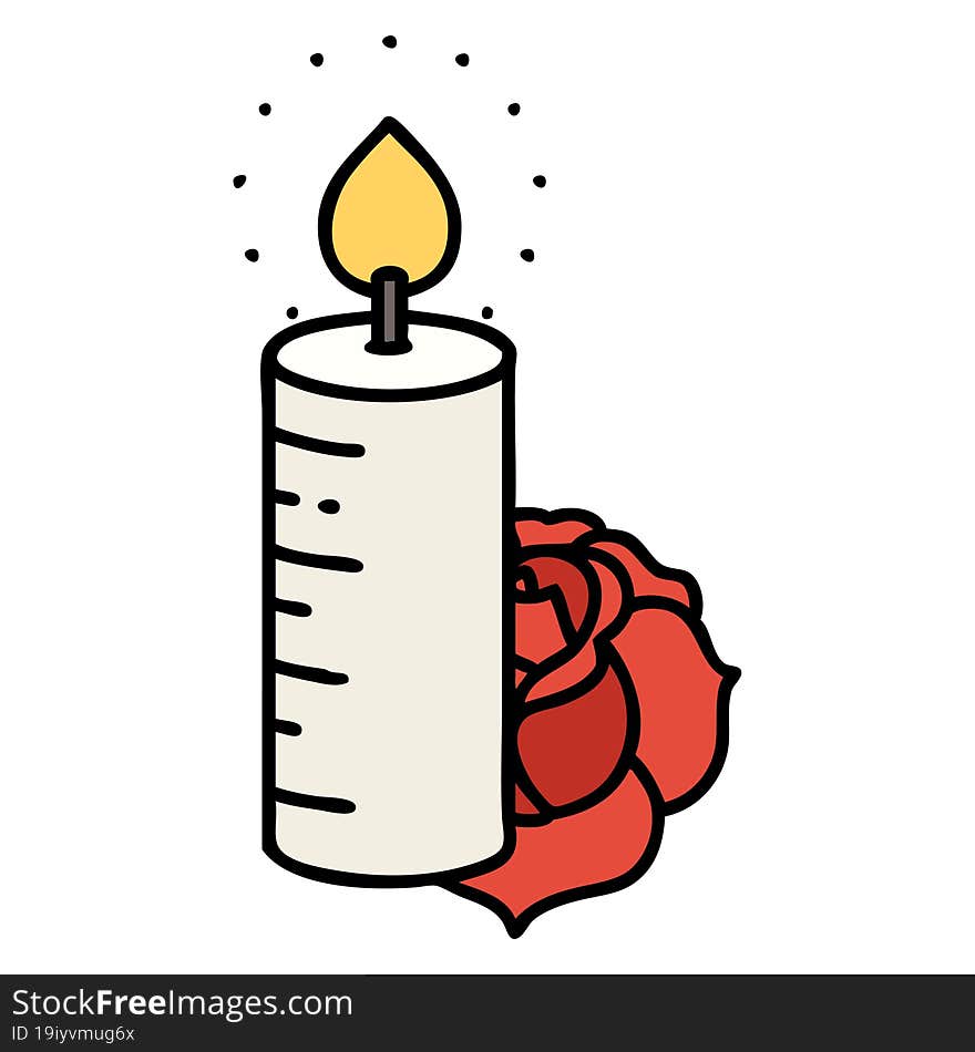 Traditional Tattoo Of A Candle And A Rose