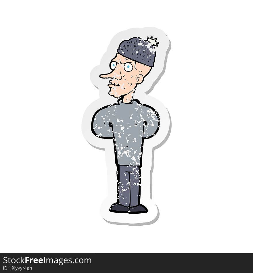 retro distressed sticker of a cartoon man wearing winter hat