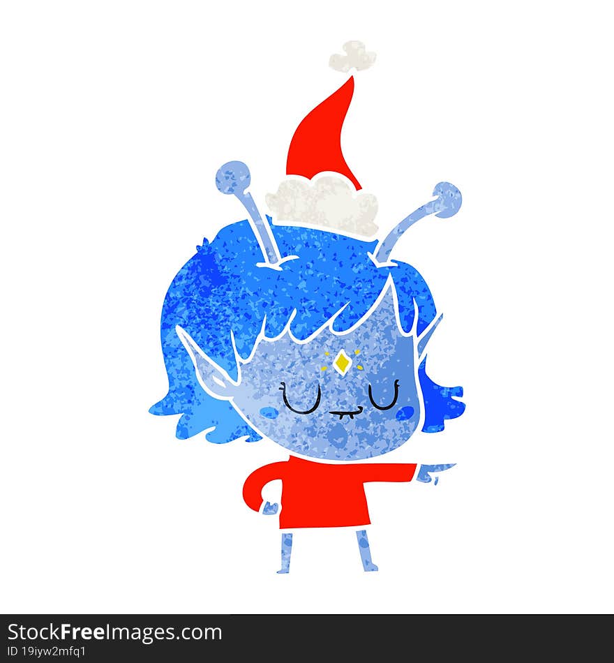 retro cartoon of a alien girl wearing santa hat