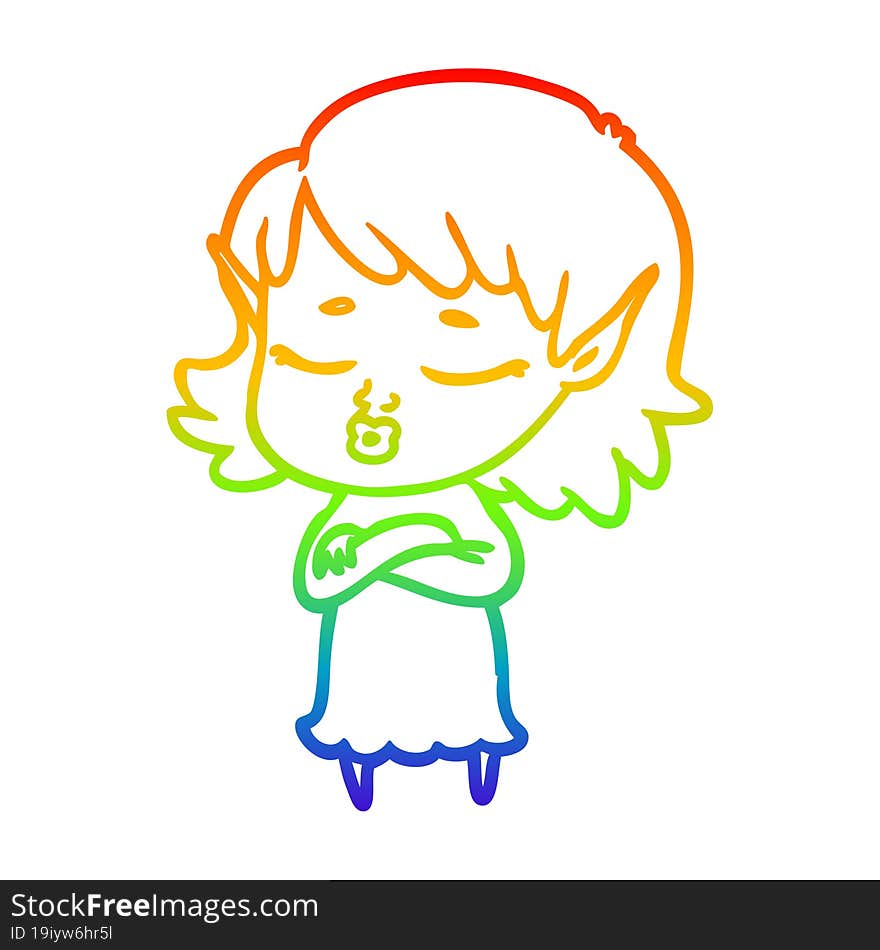 rainbow gradient line drawing pretty cartoon elf girl with corssed arms