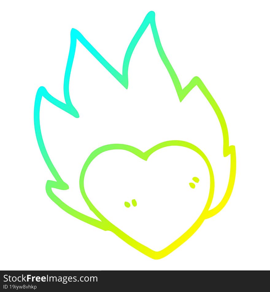 cold gradient line drawing of a cartoon flaming heart