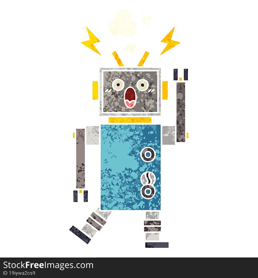 retro illustration style cartoon malfunctioning robot