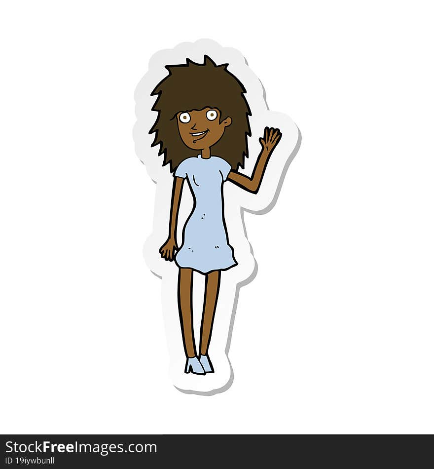 sticker of a cartoon happy woman waving