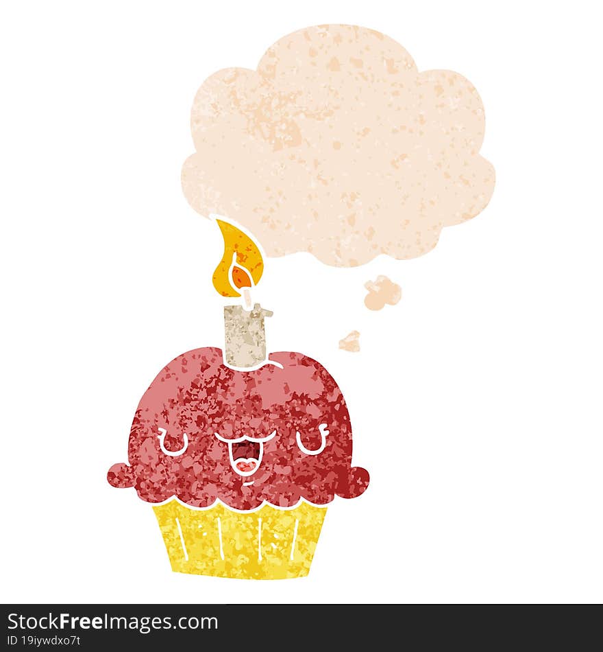 Cartoon Cupcake And Thought Bubble In Retro Textured Style