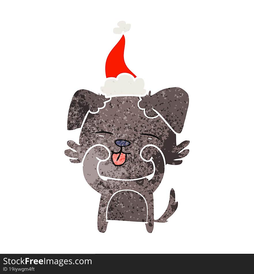 retro cartoon of a dog rubbing eyes wearing santa hat