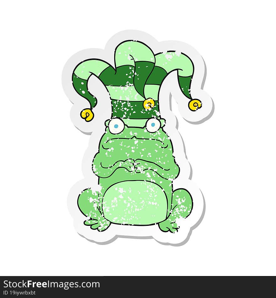 Retro Distressed Sticker Of A Cartoon Nervous Frog Wearing Jester Hat