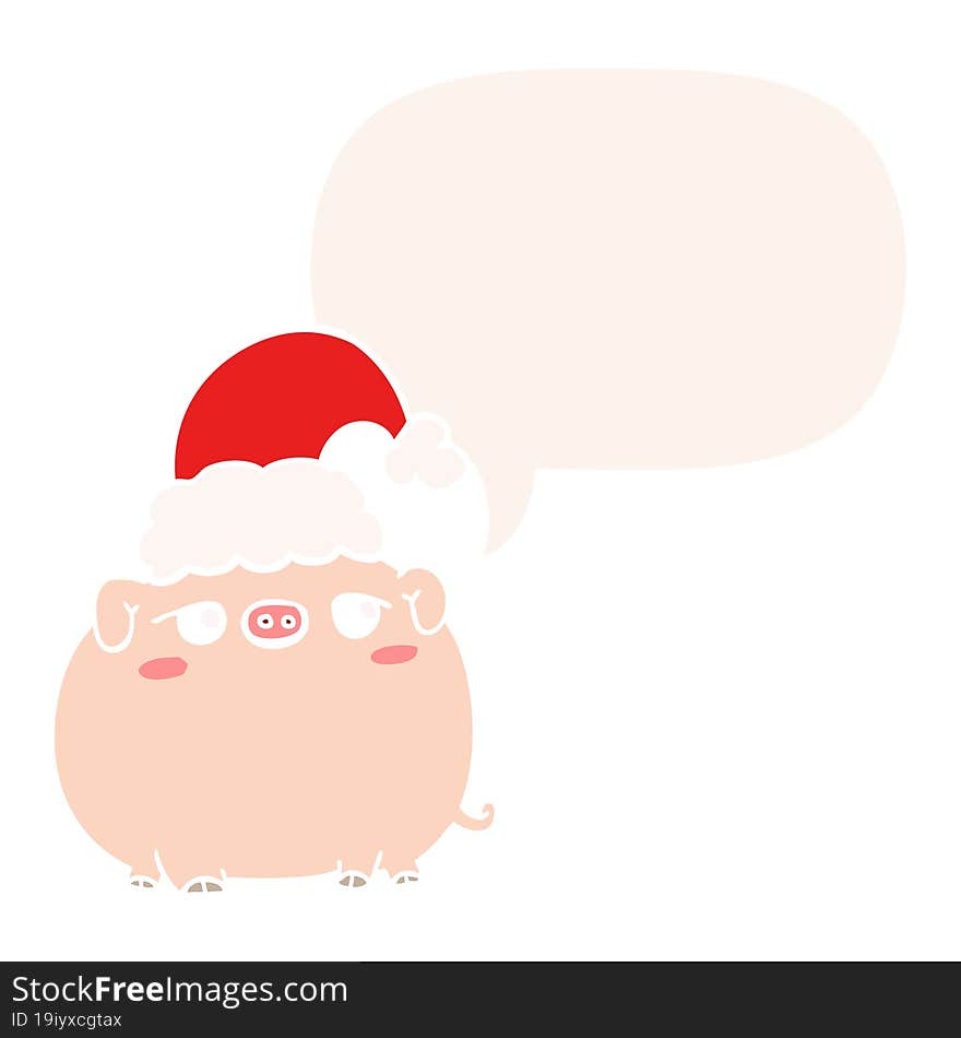 cartoon pig wearing christmas hat and speech bubble in retro style