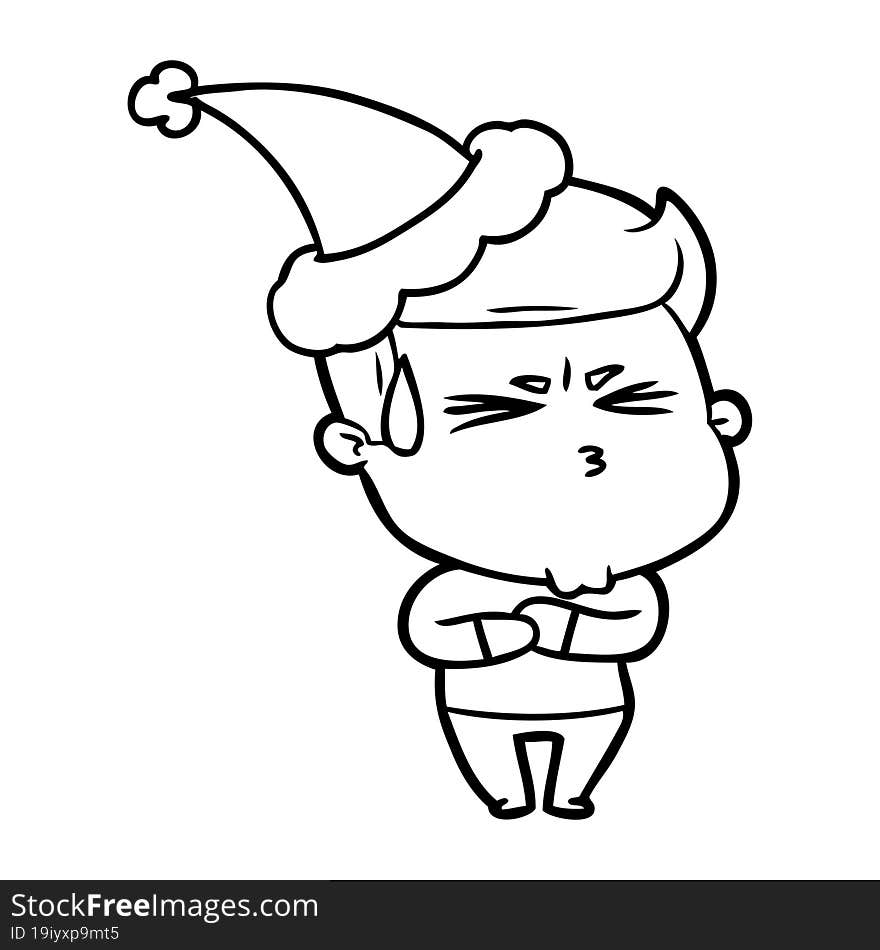 line drawing of a frustrated man wearing santa hat