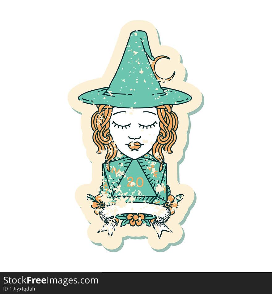 Retro Tattoo Style human witch with natural twenty dice roll. Retro Tattoo Style human witch with natural twenty dice roll