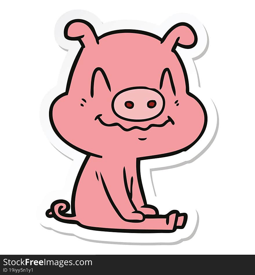 sticker of a nervous cartoon pig sitting