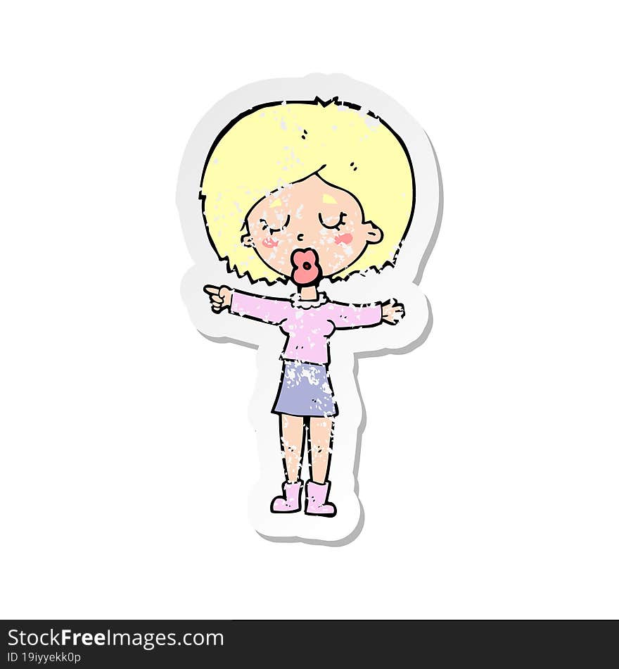 retro distressed sticker of a cartoon pointing woman