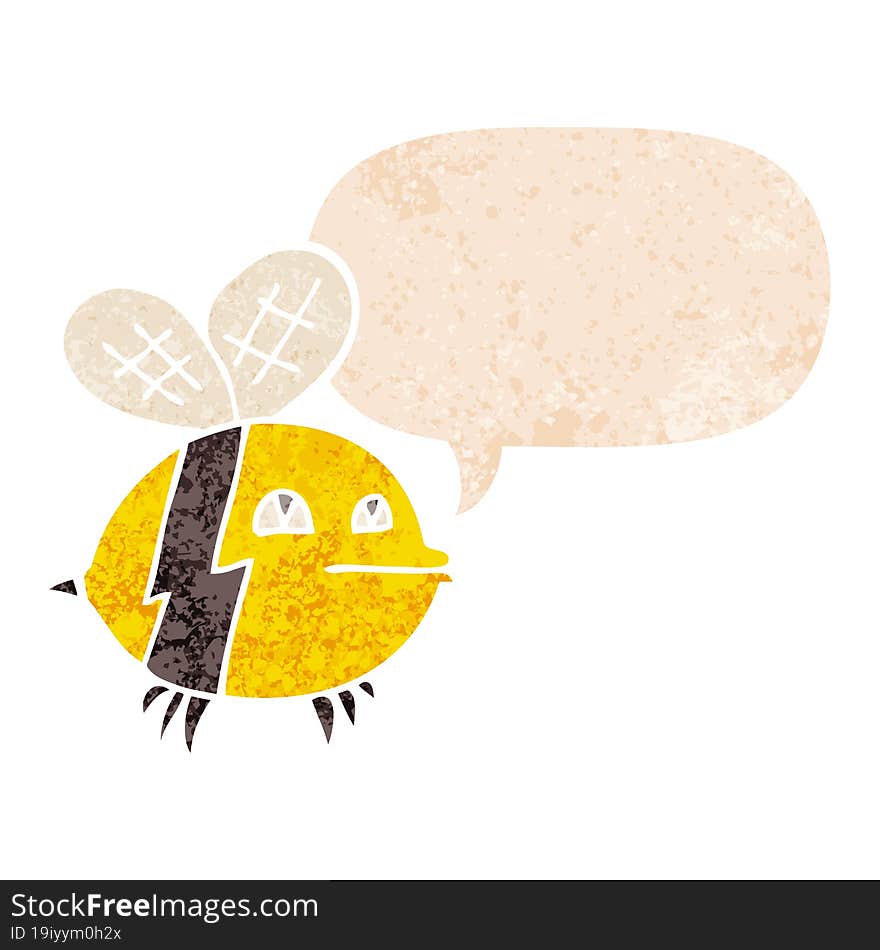 cartoon bee and speech bubble in retro textured style