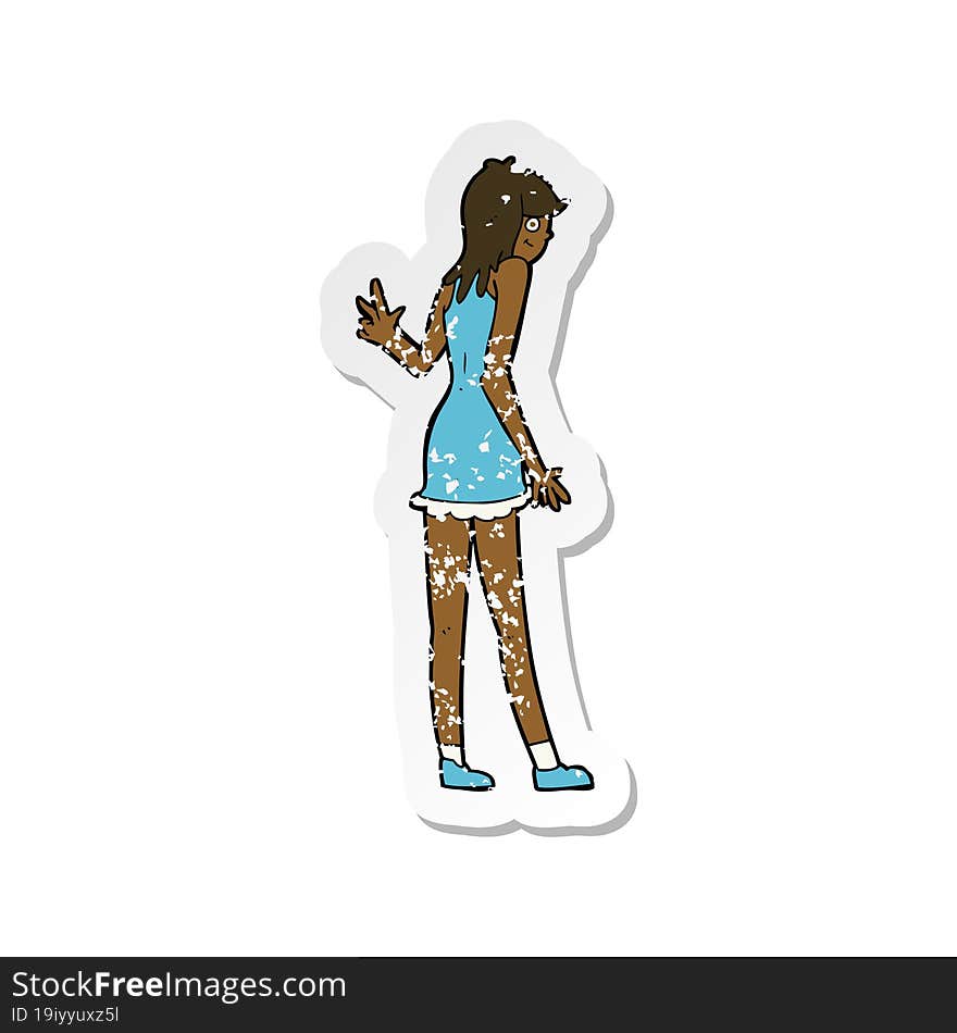 Retro Distressed Sticker Of A Cartoon Woman Waving