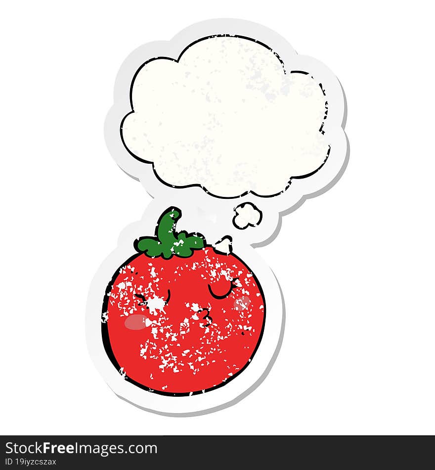 cartoon tomato and thought bubble as a distressed worn sticker