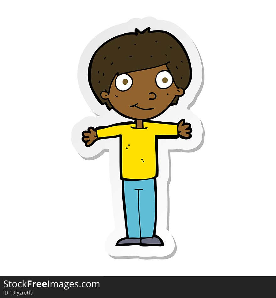 sticker of a cartoon happy boy with open arms