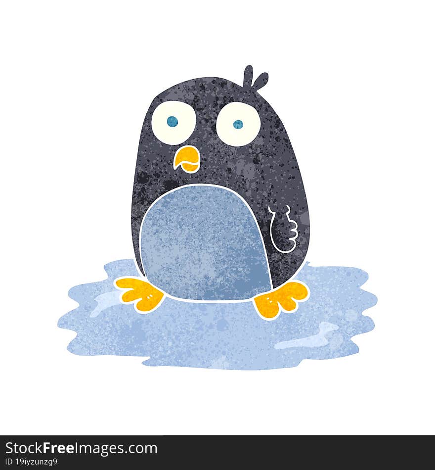 retro cartoon penguin on ice