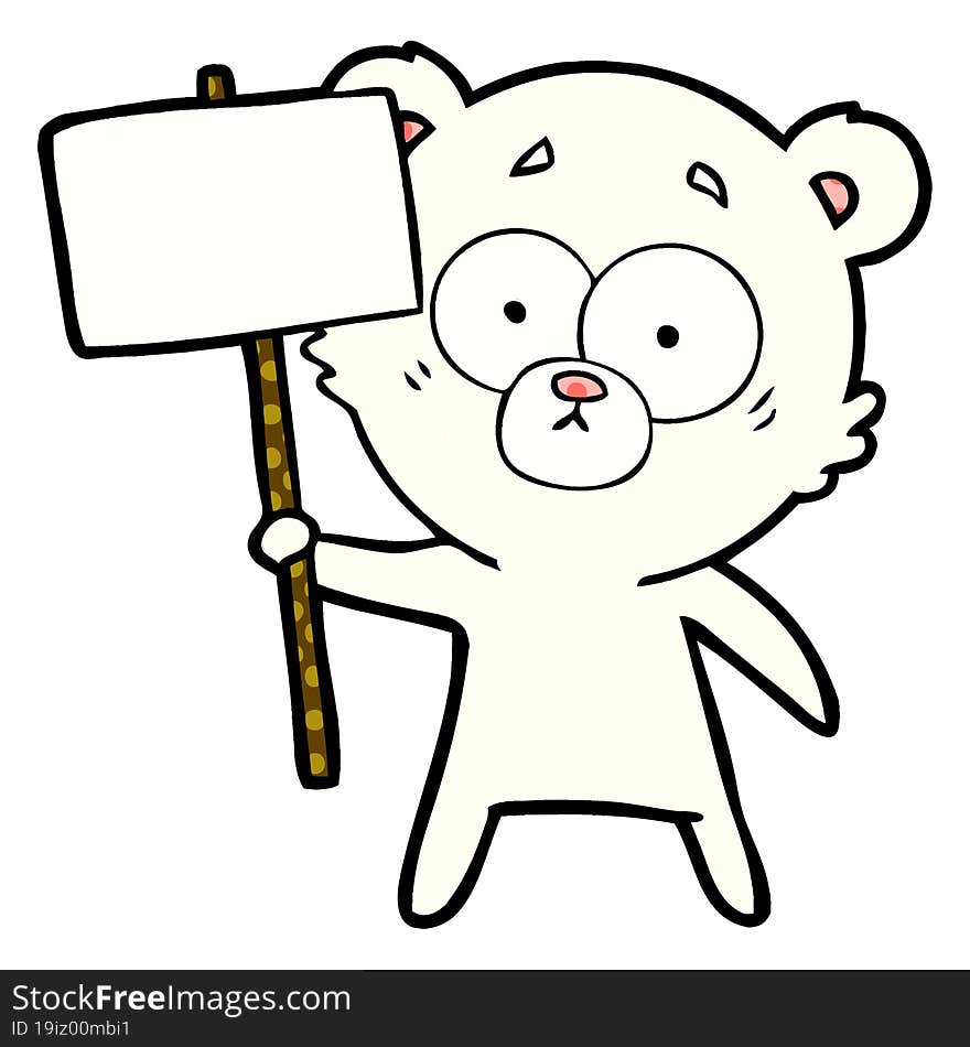 nervous polar bear cartoon with protest sign. nervous polar bear cartoon with protest sign