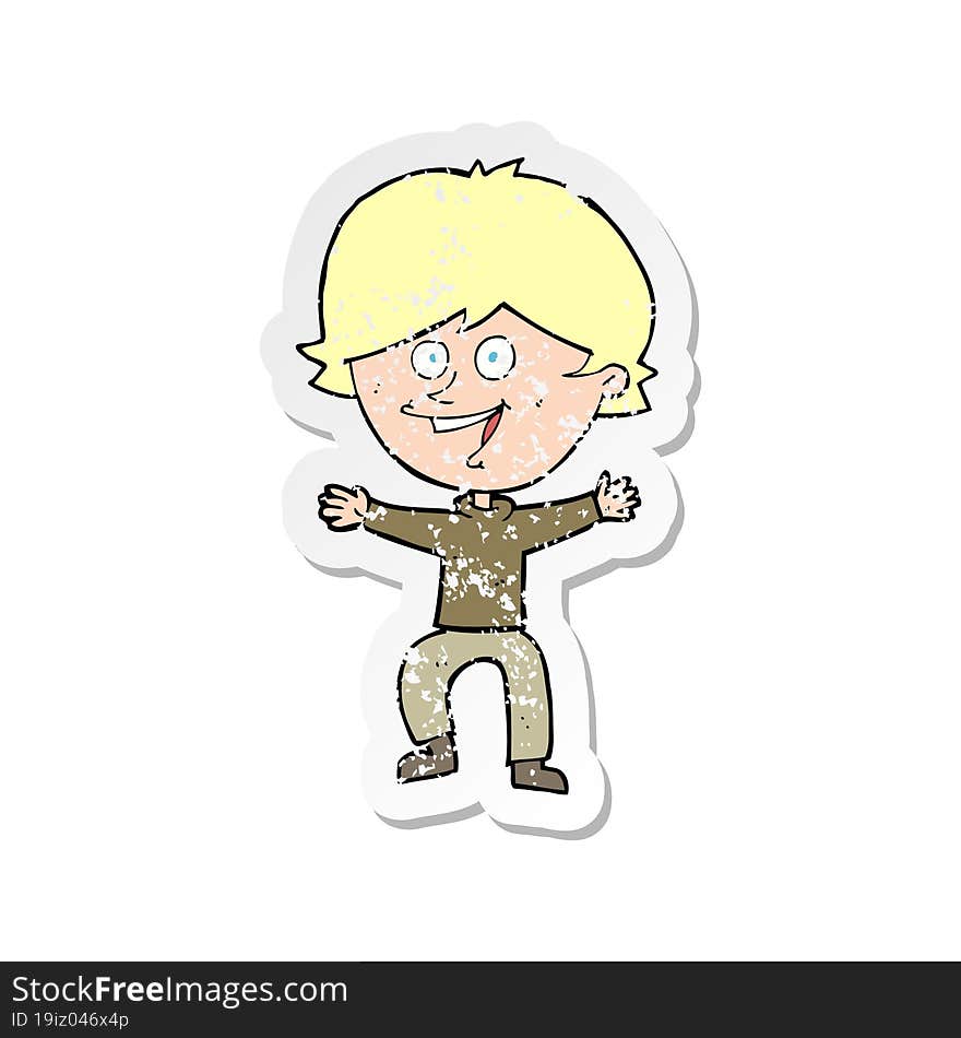 retro distressed sticker of a cartoon happy boy laughing