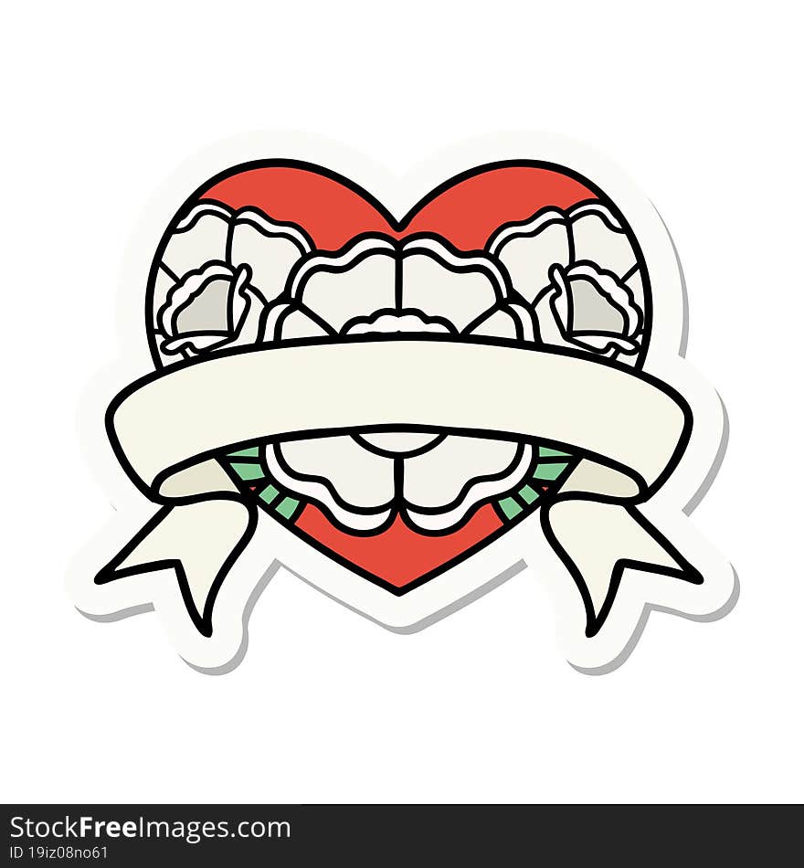 sticker of tattoo in traditional style of a heart and banner with flowers. sticker of tattoo in traditional style of a heart and banner with flowers