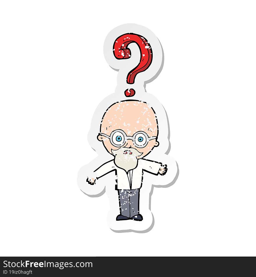 retro distressed sticker of a cartoon older man with question