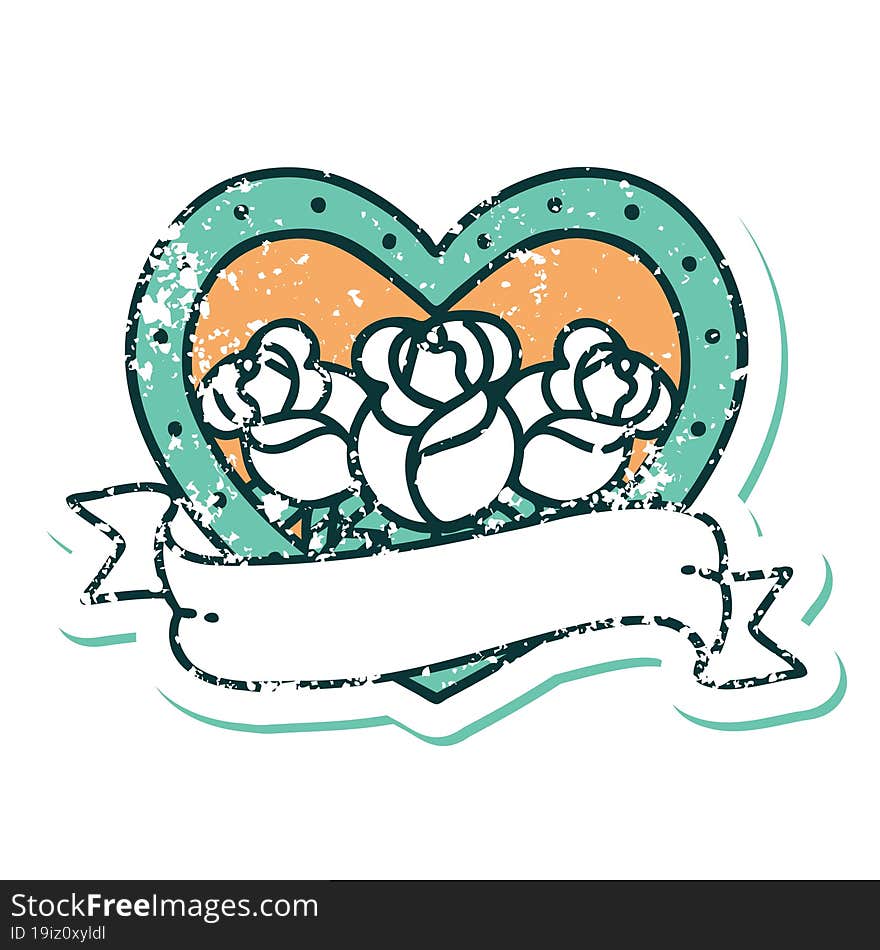 Distressed Sticker Tattoo Style Icon Of A Heart And Banner With Flowers