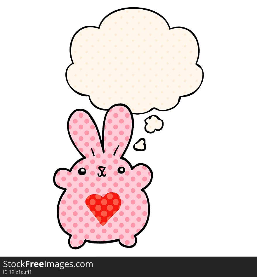 cute cartoon rabbit with love heart with thought bubble in comic book style