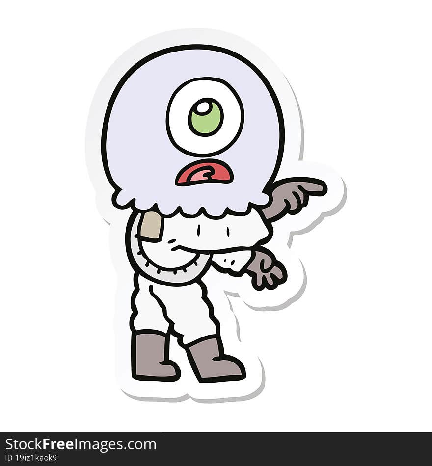 Sticker Of A Cartoon Cyclops Alien Spaceman Pointing