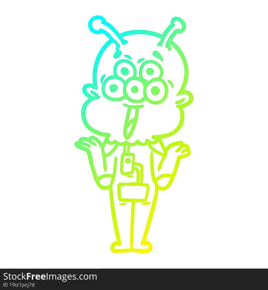 cold gradient line drawing happy cartoon alien shrugging shoulders