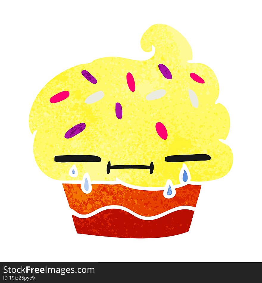 freehand drawn retro cartoon of a crying cupcake