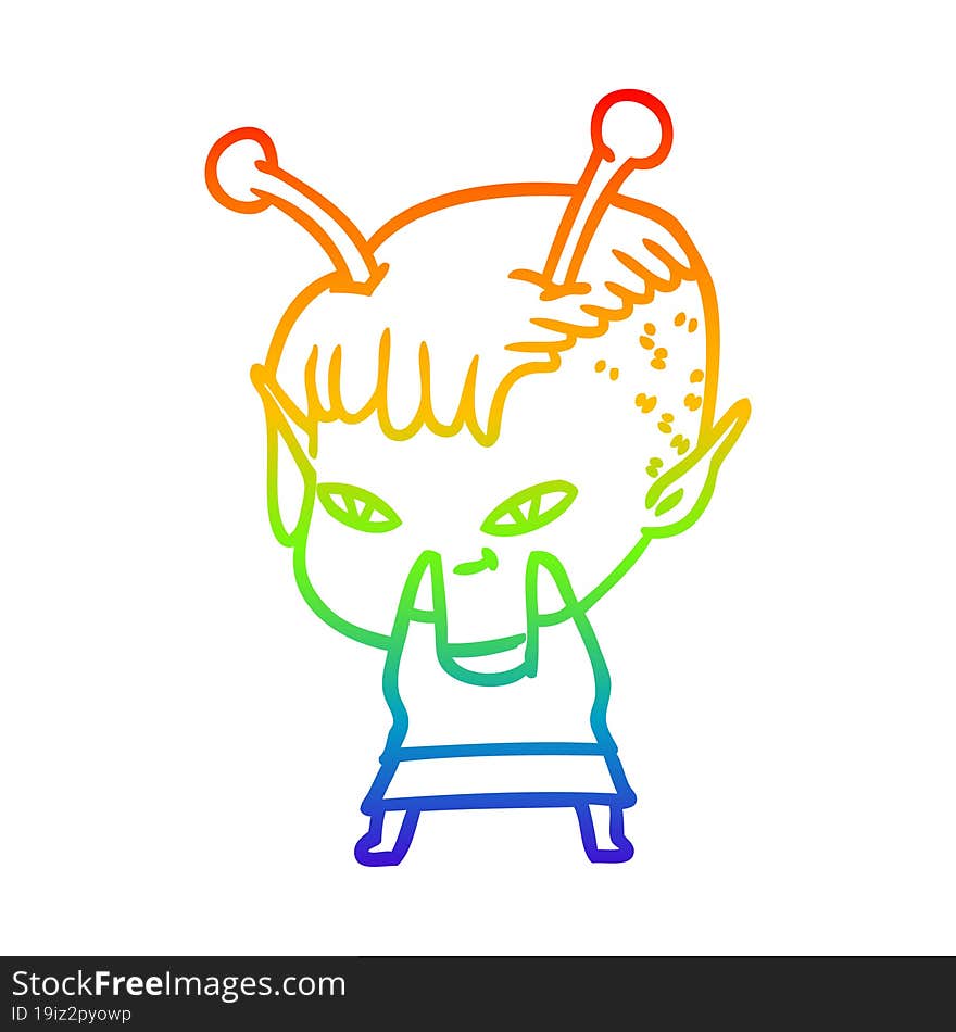 rainbow gradient line drawing of a cute cartoon alien girl