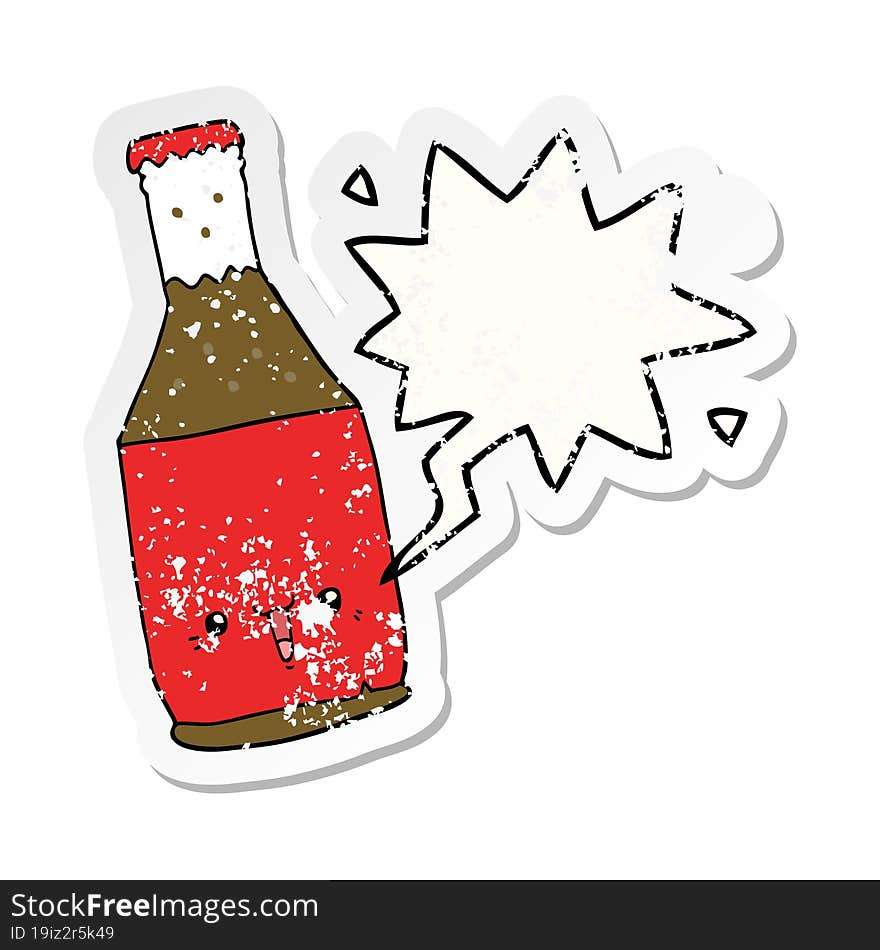 cartoon beer bottle with speech bubble distressed distressed old sticker. cartoon beer bottle with speech bubble distressed distressed old sticker