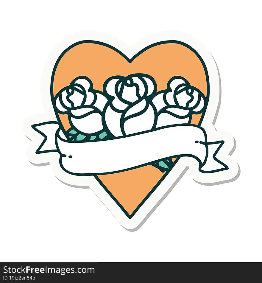 Tattoo Style Sticker Of A Heart And Banner With Flowers