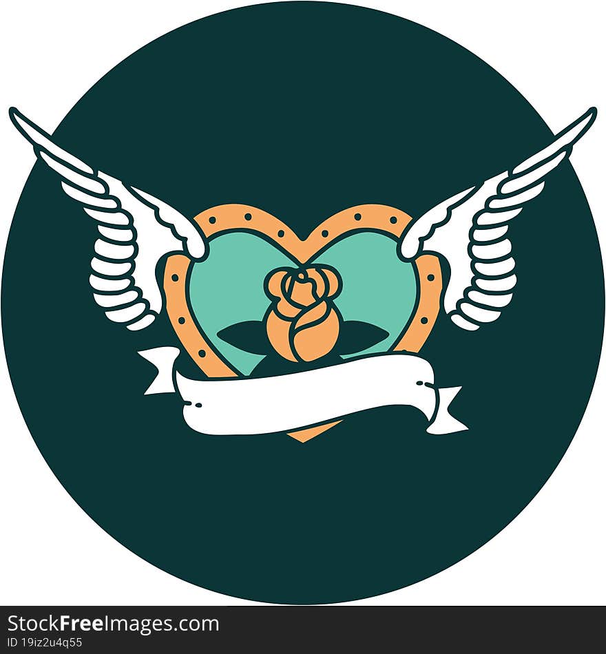 Tattoo Style Icon Of A Flying Heart With Flowers And Banner