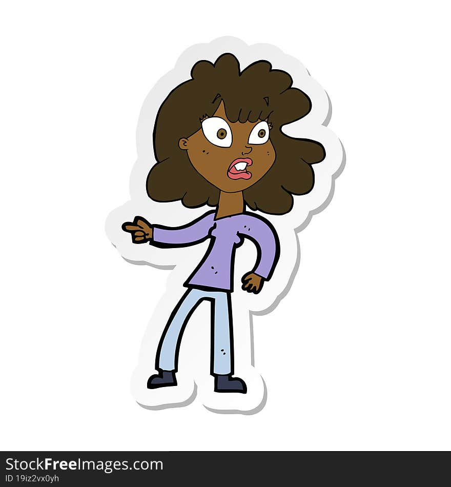 sticker of a cartoon worried woman pointing