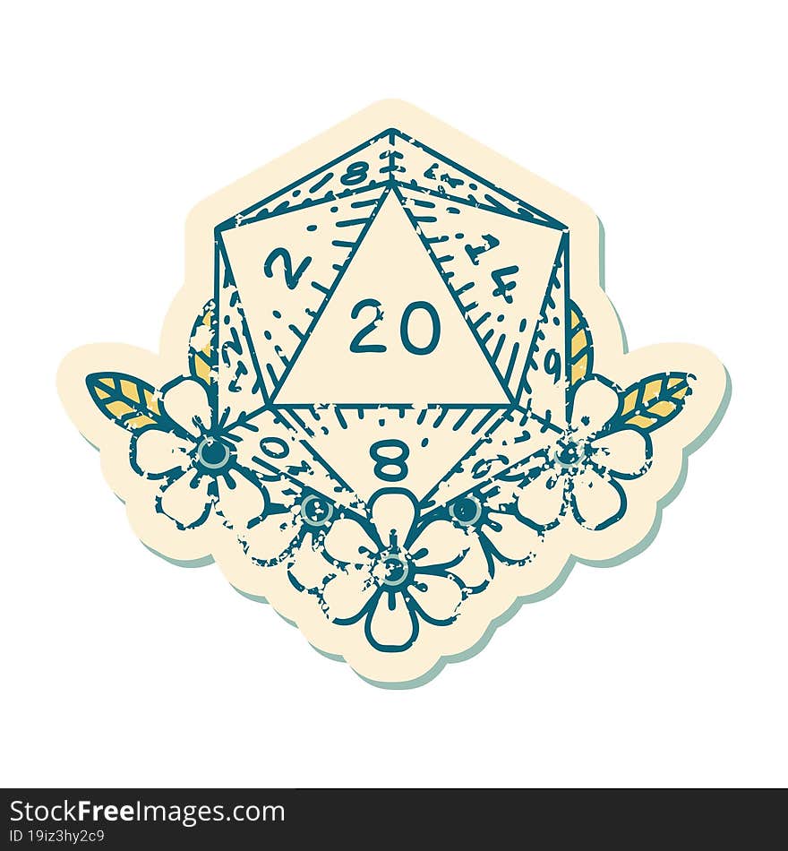 Natural 20 D20 Dice Roll With Floral Elements Illustration