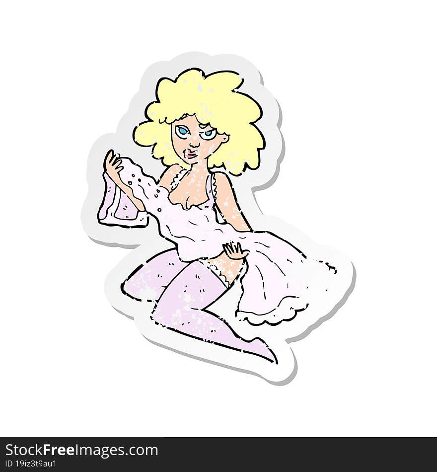 Retro Distressed Sticker Of A Cartoon Woman Changing