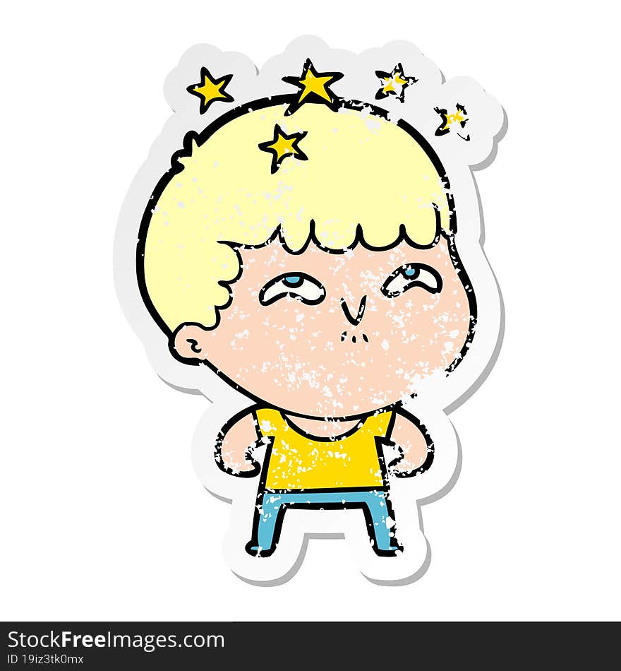 distressed sticker of a cartoon amazed boy