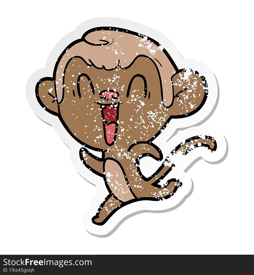 distressed sticker of a cartoon laughing monkey