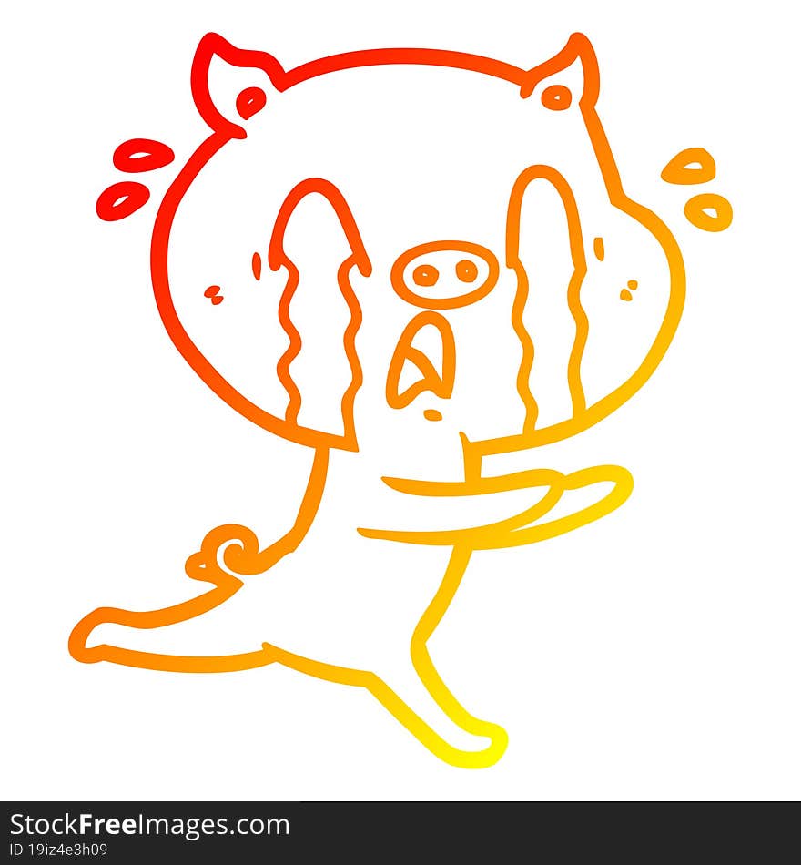 warm gradient line drawing of a crying pig cartoon